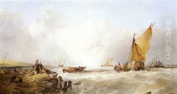 A Coastal Scene With A Haybarge And Fisherfolk Oil Painting by Alfred Montague
