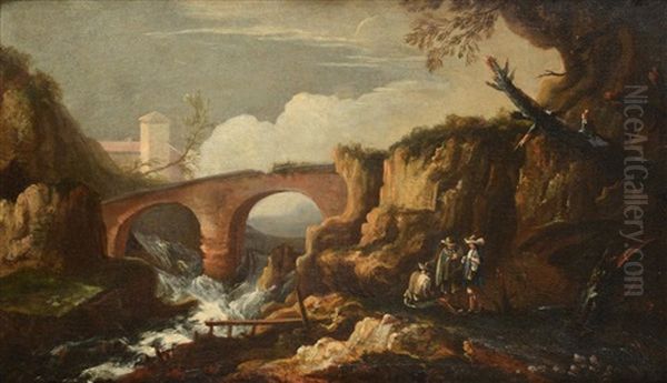 A Mountainous Landscape With Figures Before A Bridge Oil Painting by Pietro Montanini