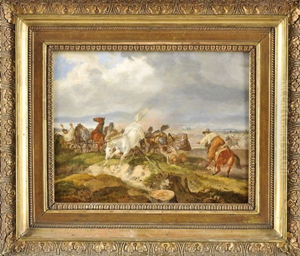 Eintreiben Von Wildpferden In Der Ungarischen Puszta Oil Painting by Dietrich (Heinrich Maria) Monten