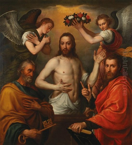 The Risen Christ With Saints Peter And Paul And Two Angels Oil Painting by Antonis Mor Van Dashorst