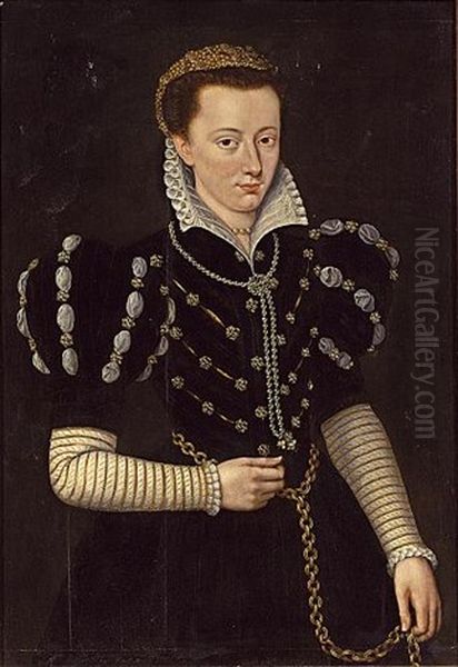 A Portrait Of A Noble Lady Wearing A Black Dress Adorned With Pearls, A White Lace Collar And A Bonnet Set With Beads Oil Painting by Antonis Mor Van Dashorst