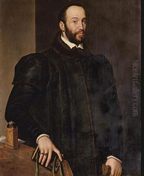 Portrait Of Antoine Perrenot De Granvelle Standing By A Table With A Clock, And Holding A Book In One Hand And A Glove In The Other Oil Painting by Antonis Mor Van Dashorst