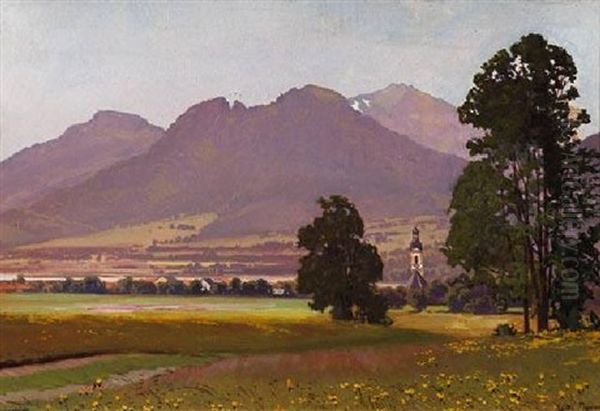Das Sommerliche Isartal Mit Lenggries Und Der Benediktenwand Im Hintergrund Oil Painting by Willy Moralt