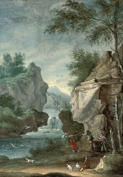 A Wooded River Landscape Oil Painting by Louis Gabriel Moreau the Elder
