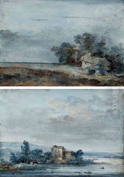 A House On A Peninsula, Mountains Beyond Oil Painting by Louis Gabriel Moreau the Elder