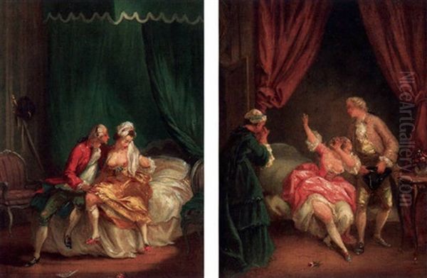 Dame, Kavalier Und Magd Im Boudoir Oil Painting by Louis Gabriel Moreau