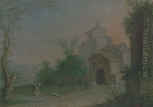 Figures And Animals Resting Before The Walls Of A Town Oil Painting by Louis Gabriel Moreau the Elder