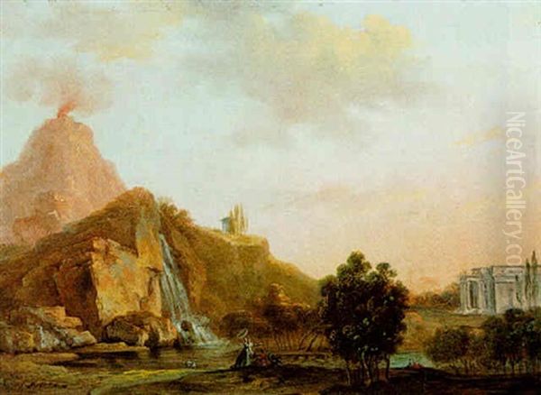 Classical Landscape With Elegant Figures By A Waterfall, A Villa And A Volcano In The Background Oil Painting by Louis Gabriel Moreau the Elder