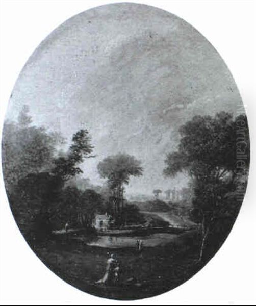 Promeneurs Dans Un Paysage De Riviere Oil Painting by Louis Gabriel Moreau