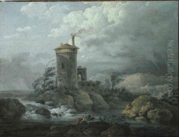Paesaggio Fluviale Con Castello Oil Painting by Louis Gabriel Moreau the Elder