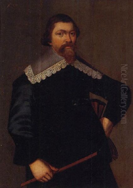 Portrait Of A Gentleman In A Black Coat With A Lace Collar, A Pair Of Gloves In His Left Hand, A Rule In His Right Oil Painting by Paulus Moreelse