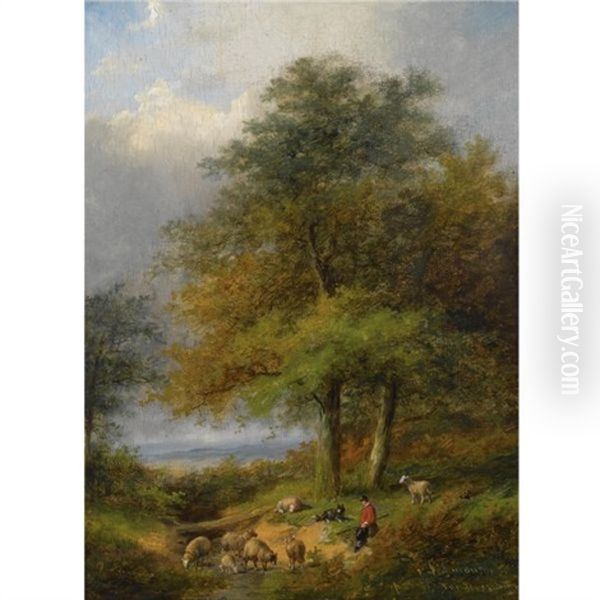 A Shepherd In A Forest Landscape (collab. W/franz Van Severdonck) Oil Painting by Jan Evert Morel the Younger
