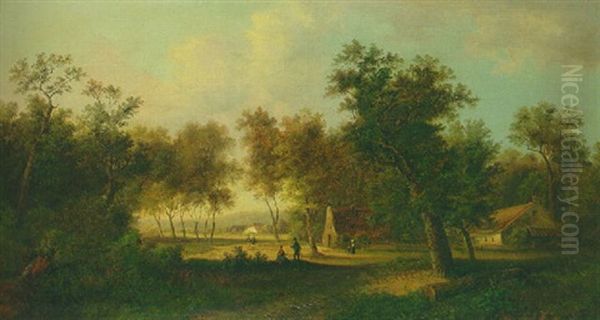 Farms In A Wooded Landscape With Peasants Resting In The Shade Oil Painting by Jan Evert Morel the Younger