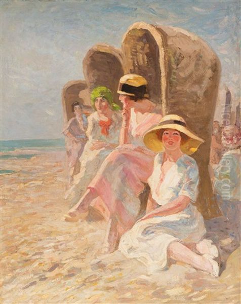 Ladies On The Beach Oil Painting by Willem Ferdinand Abraham Isaac (Vaarzon) Morel