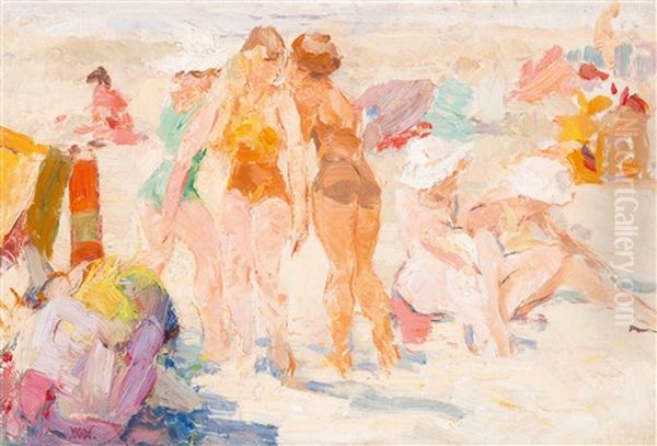 Female Bathers On The Beach Oil Painting by Willem Ferdinand Abraham Isaac (Vaarzon) Morel