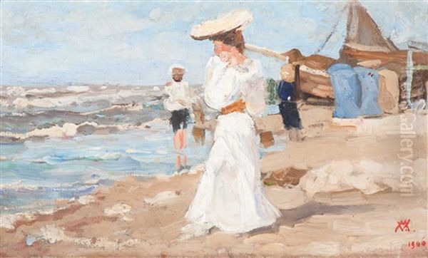 Elegant Lady On The Beach Of Domburg Oil Painting by Willem Ferdinand Abraham Isaac (Vaarzon) Morel