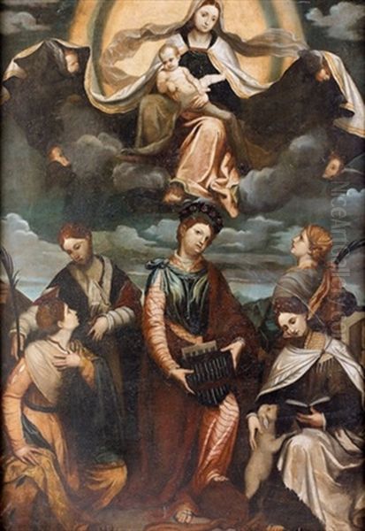 Madonna Mit Hl. Cacilia, Katharina, Lucia, Agnes Und Barbara Oil Painting by  Moretto da Brescia