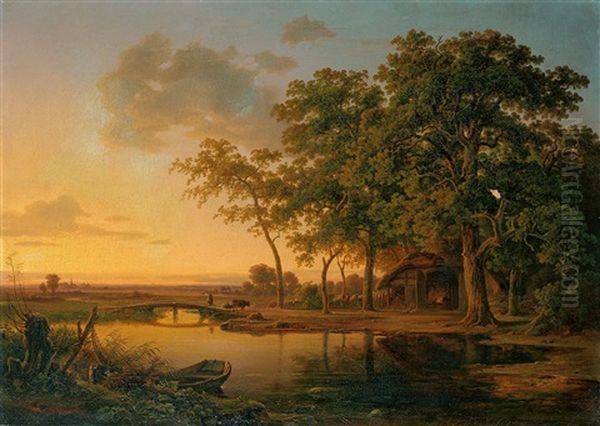 Flusslandschaft Nach Sonnenuntergang Oil Painting by Christian Bernhard Morgenstern