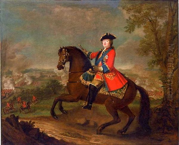 H.r.h. William Augustus, Duke Of Cumberland, On Horseback, Wearing Frock Uniform Of The First Guards With The Ribbon And Star Of The Garter, Holding A Baton, A View To The Battle Of Culloden Beyond Oil Painting by David Morier
