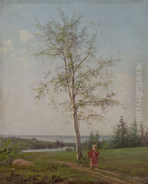 Girl By A Birch Tree Oil Painting by Aleksndr Ivanovich Morozov