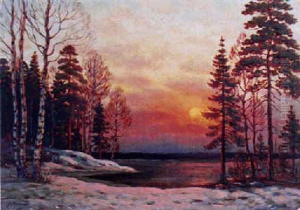 Winter Landscape At Sunset Oil Painting by Aleksndr Ivanovich Morozov