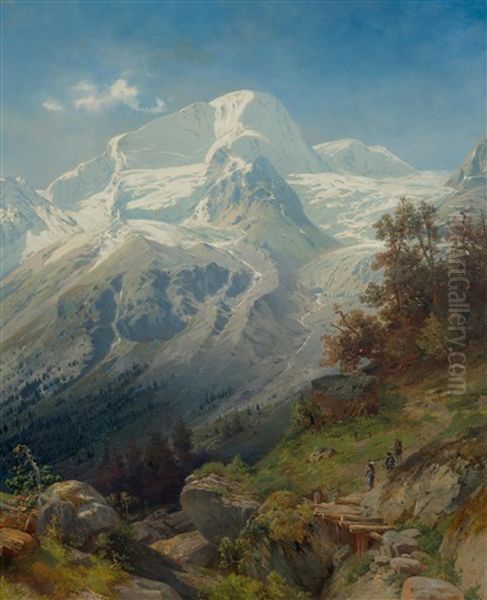 Walker In The Bernese Uplands Oil Painting by Adolf Konrad Mosengel