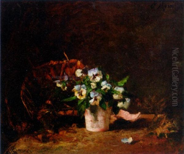 Pansies In A Vase, A Basket Beyond Oil Painting by Charles Eugene Moss