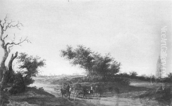 A Cattle Drover In A Wooded Dune Landscape With Church Spires And A Windmill On The Horizon Beyond Oil Painting by Jacob van Mosscher