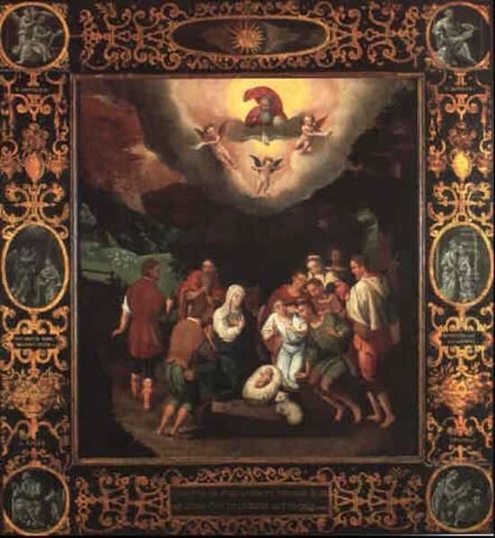 L'adoration Des Bergers Entouree D'un Encadrement Peint A   Decor De Six Medaillons Represantant Les Evangelistes ... Oil Painting by Gillis Mostaert the Elder