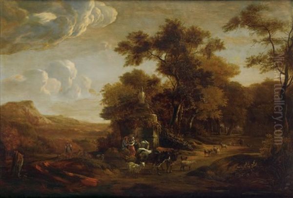 La Rencontre Des Bergers Devant Une Fontaine Pres D'un Chemin Forestier Oil Painting by Frederick De Moucheron