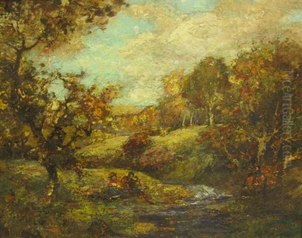 An Autumnal River Landscape With Figures Oil Painting by William Mouncey
