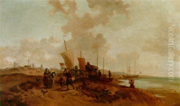 A Coastal Scene Oil Painting by Charles Louis Mozin