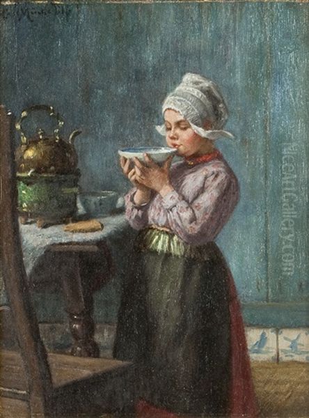 Die Naschkatze - Kleine Hollanderin Mit Einer Schale Kakao Oil Painting by Karl Emil Muecke