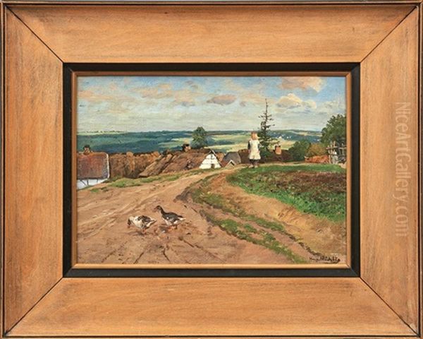Gansemagd Auf Einem Weg Am Dorfrand Oil Painting by Hugo Muehlig