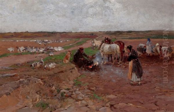 Peasants With Horses Oil Painting by Hugo Muehlig