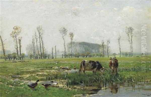 Im Vorfruhling. Weite Niederrheinlandschaft Mit Kuhen Und Enten An Der Tranke Oil Painting by Hugo Muehlig