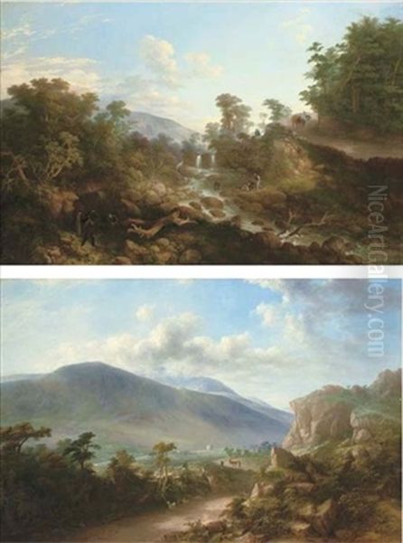 Wooded River Landscape With A Figure Crossing A River In The Foreground And A Horse And Cart On A Roadside (+ An Extensive Mountainous Landscape With Goats On A Path In The Foreground, 1866; Pair) Oil Painting by Jeremiah Hodges Mulcahy