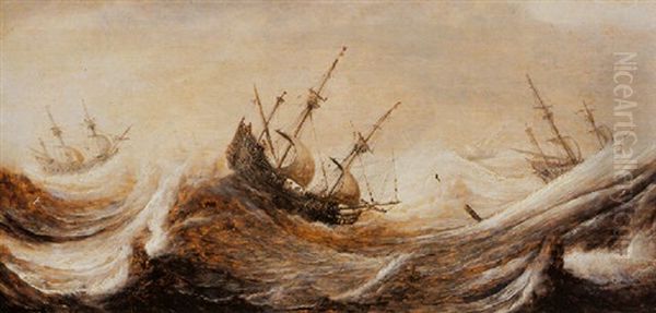 Sailing Ships In Rough Seas Oil Painting by Pieter Mulier the Elder