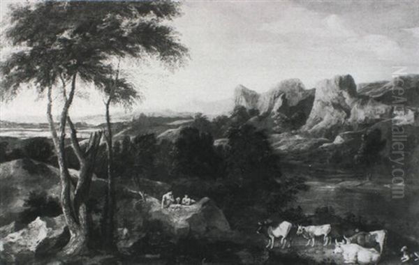 Shepherds In An Arcadian Landscape Oil Painting by Pieter Mulier the Younger
