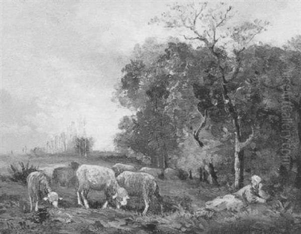 Kleine Landschaft Mit Schafherde Und Hirten Oil Painting by Anton Mueller