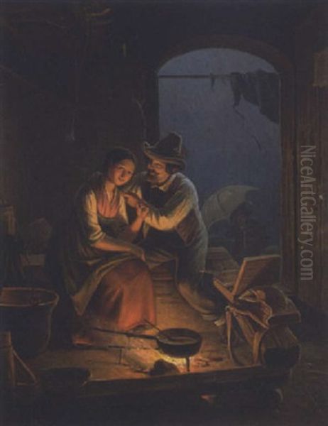 Ein Maler Bei Der Jungen Sennerin Oil Painting by Carl Friedrich Moritz Mueller
