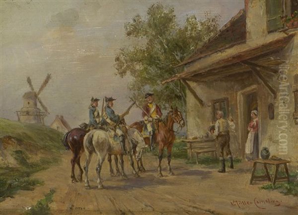 Berittene Soldaten Vor Einem Bauernhaus Oil Painting by Ludwig Mueller-Cornelius
