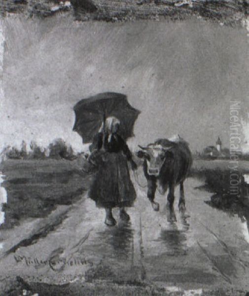 Bauerinmit Kuh Auf Der Landstrase Oil Painting by Ludwig Mueller-Cornelius