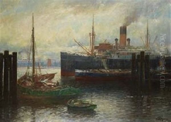 Hamburger Hafen Mit Frachtdampfern Und Segelbooten Oil Painting by Franz Mueller-Gossen