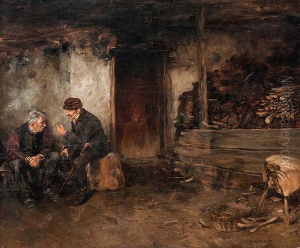 Zwei Tiroler Im Holzschopf Oil Painting by Albert Mueller-Lingke