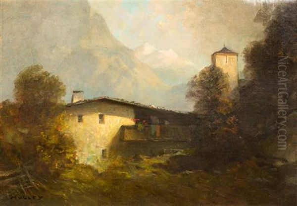 Mountain Scene With Farmhouse Oil Painting by Oskar Mulley