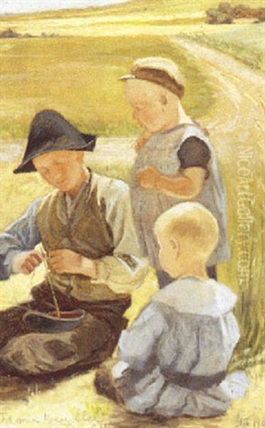 Sommerlandskab Med Tre Drenge, Der Bygger Modelskib Oil Painting by Emilie Mundt