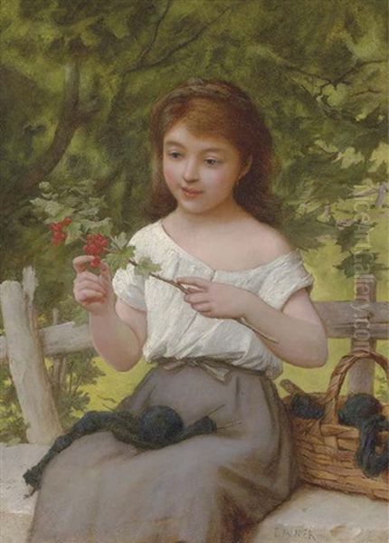 A Young Girl With A Sprig Of Berries Oil Painting by Emile Munier