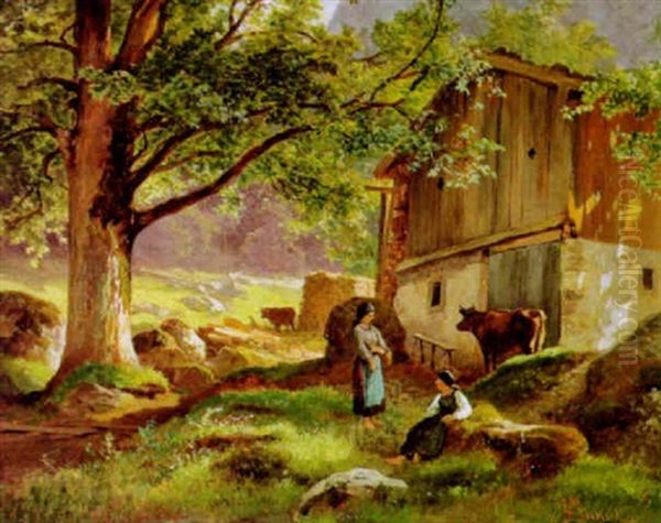 Auf Der Alm Oil Painting by Leopold Munsch
