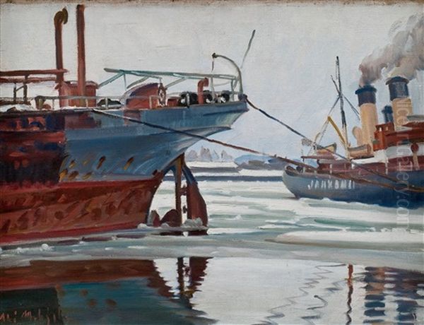 The Icebreaker Jaakarhu In Hietalahti, Helsinki Oil Painting by Alarik (Ali) Munsterhjelm
